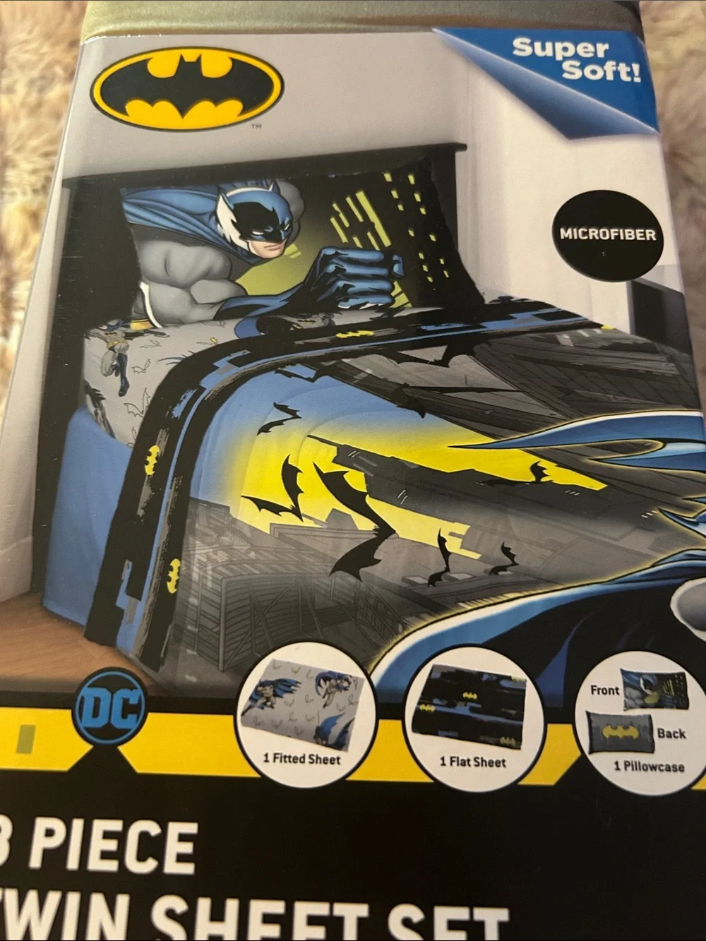 Batman 3 piece Twin Sheet Set - Black, Yellow, Blue, Gray